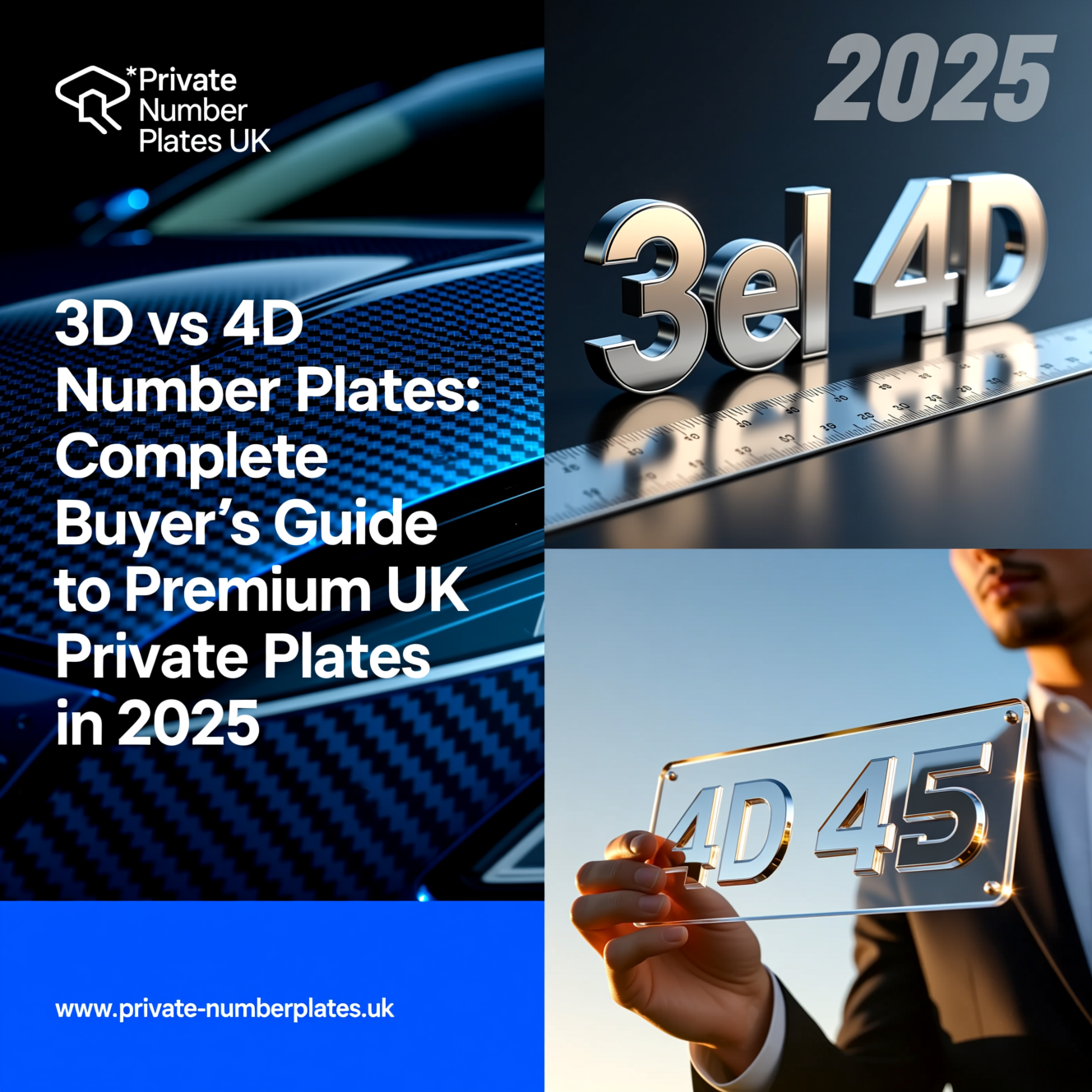 3D vs 4D Number Plates buyer's guide for premium UK private plates in 2025 with comparison visuals and Private Number Plates UK branding